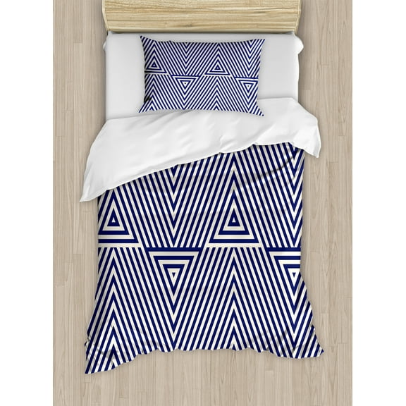 Navy Blue Duvet Cover Set, Cool Pattern with Geometrical Triangle Shapes in Striped Designed Image, Decorative 2 Piece Bedding Set with 1 Pillow Shams, Twin Size, Dark Blue and White, by Ambesonne
