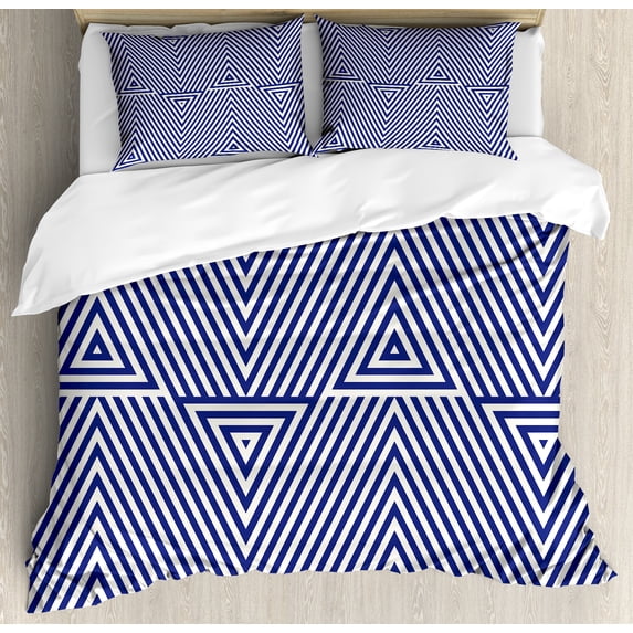 Navy Blue Duvet Cover Set, Cool Pattern with Geometrical Triangle Shapes in Striped Designed Image, Decorative 3 Piece Bedding Set with 2 Pillow Shams, Queen Size, Dark Blue and White, by Ambesonne