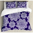 thumbnail image 1 of Navy Blue Duvet Cover Set, Floral Lace Graphic Print Snowflake Themed Pattern Ornate Circle Batik Texture, Decorative 3 Piece Bedding Set with 2 Pillow Shams, King Size, Blue White, by Ambesonne, 1 of 3