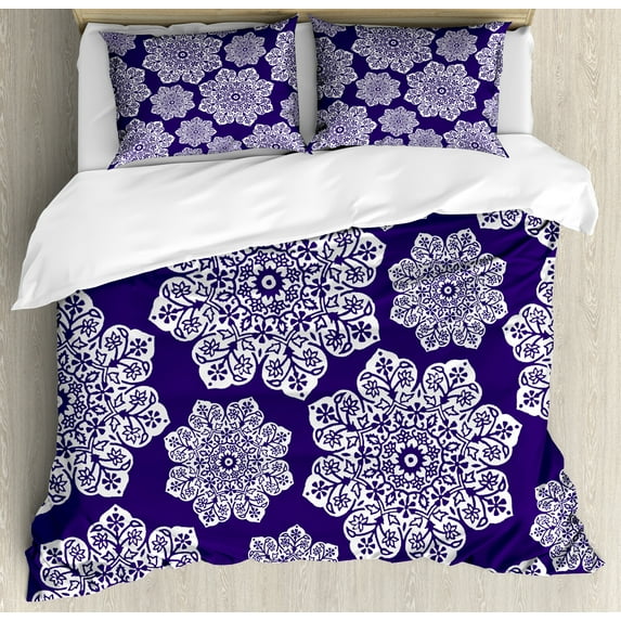 Navy Blue Duvet Cover Set, Floral Lace Graphic Print Snowflake Themed Pattern Ornate Circle Batik Texture, Decorative 3 Piece Bedding Set with 2 Pillow Shams, King Size, Blue White, by Ambesonne