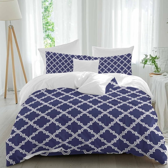 Navy Blue Duvet Cover Set Full Size Moroccan Geometric Abstract Soft Lightweight Comforter Covers 4 Piece Bedding Set with 1 Duvet Cover 1 Bed Sheet & 2 Pillow Shams