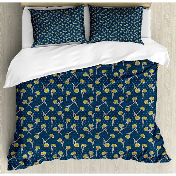 Navy Blue Duvet Cover Set, Hand Drawn Abstract Spring Carnation Flowers and Twigs on Dotted Background, Decorative 3 Piece Bedding Set with 2 Pillow Shams, Queen Size, Mustard Indigo, by Ambesonne
