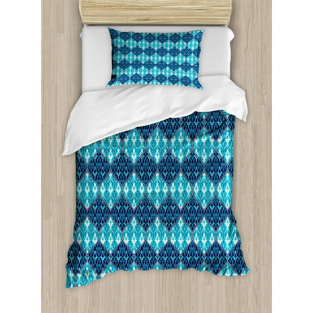 Navy Blue Duvet Cover Set, Horizontal Oriental Inspired Pattern in Patchwork Style Print, Decorative 2 Piece Bedding Set with 1 Pillow Shams, Twin Size, Pale Blue Dark Blue, by Ambesonne