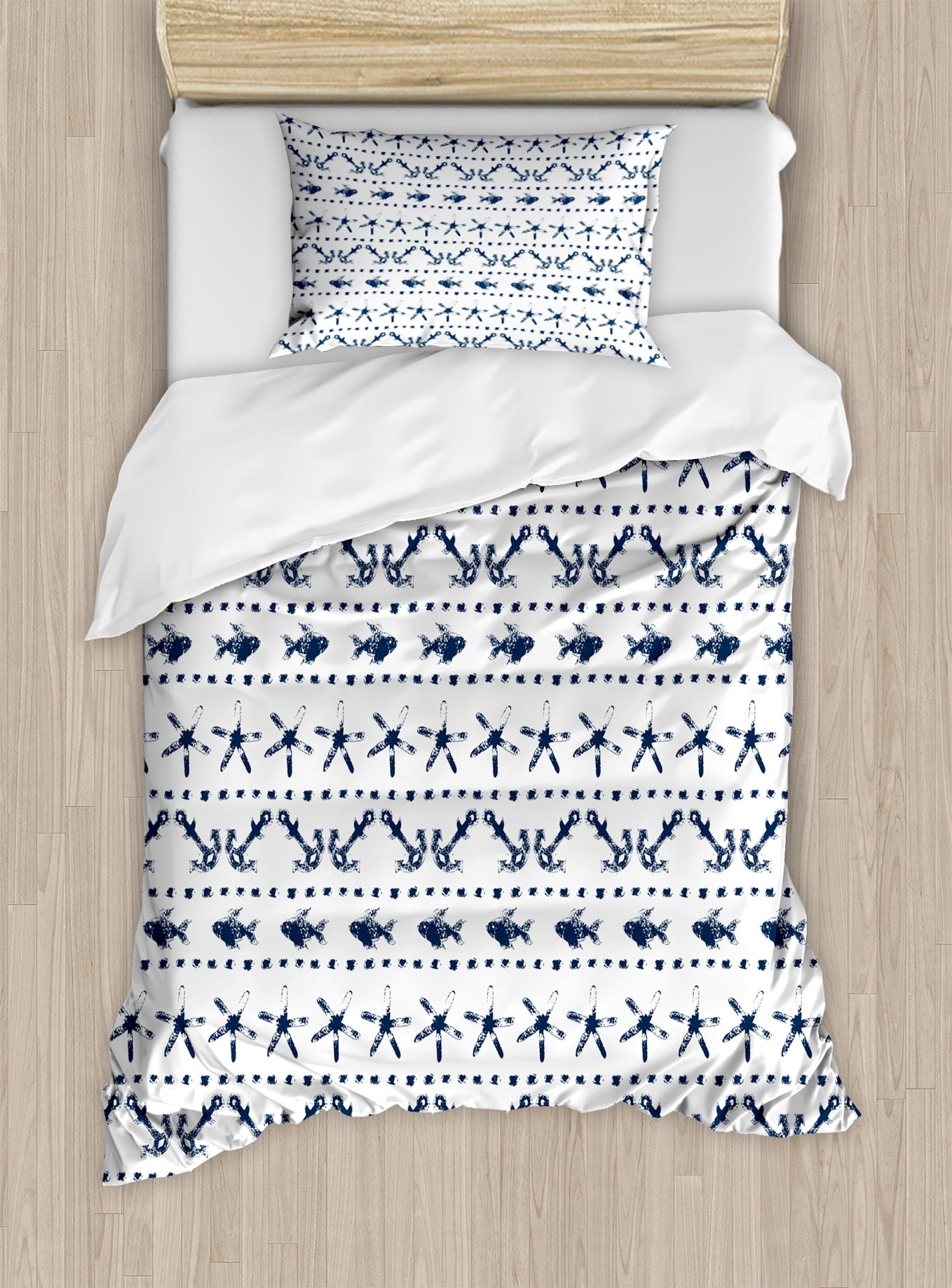Twin Blue and White Nautical Print Duvet Cover Set