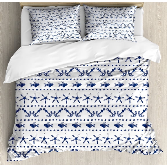 Navy Blue Duvet Cover Set, Illustration Yatch Themed Design Fish Starfish Anchor Nautical Marine Print, Decorative 3 Piece Bedding Set with 2 Pillow Shams, Queen Size, Navy and White, by Ambesonne