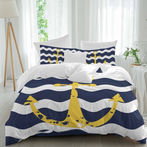 Navy Blue Duvet Cover Set King Size, Wave Stripes Yellow Nautical Anchor 4 Piece Soft Microfiber Bedding Set with 1 Duvet Cover, 1 Flat Sheet, 2 Pillowcases