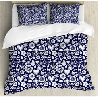 Navy Blue Duvet Cover Set, Multi Designed Pattern with Hearts Butterflies Leafs and Dots Image, Decorative 3 Piece Bedding Set with 2 Pillow Shams, Queen Size, Navy Blue and White, by Ambesonne