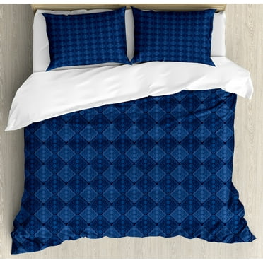 Navy Blue Duvet Cover Set, Nautical Colored Continuous Demonstration of Diamond Damask Weaving Patterns, Decorative 3 Piece Bedding Set with 2 Pillow Shams, Calking Size, Indigo, by Ambesonne