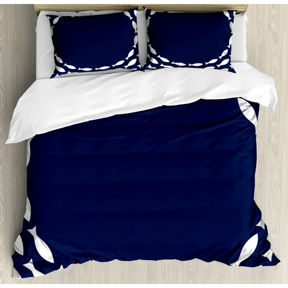 Navy Blue Duvet Cover Set, Ocean Aqua Navy Themed Fish Swimming in a Circle Print, Decorative 3 Piece Bedding Set with 2 Pillow Shams, King Size, Navy Blue and White, by Ambesonne