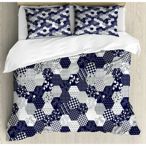 Navy Blue Duvet Cover Set, Octagon Patchwork Style Pattern Image with Dots Stars Squares and Stripes, Decorative 3 Piece Bedding Set with 2 Pillow Shams, King Size, Navy and White, by Ambesonne