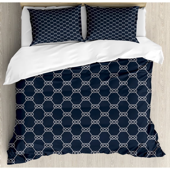 Navy Blue Duvet Cover Set Queen Size, Navy Inspired Sailor Knot Rope Pattern Illustration Nautical Abstract Design, Decorative 3 Piece Bedding Set with 2 Pillow Shams, Dark Blue Cream, by Ambesonne