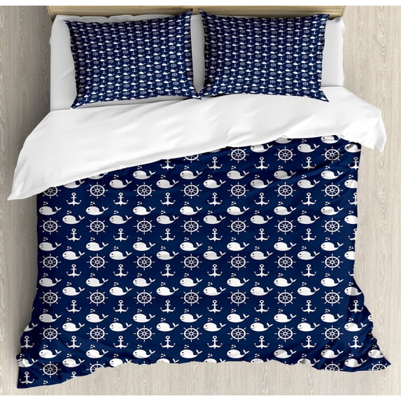 Navy Blue Duvet Cover Set Queen Size, Maritime Pattern with Whales Helms Anchors Nautical Elements Deep Sea Life, Decorative 3 Piece Bedding Set with 2 Pillow Shams, Navy Blue White, by Ambesonne