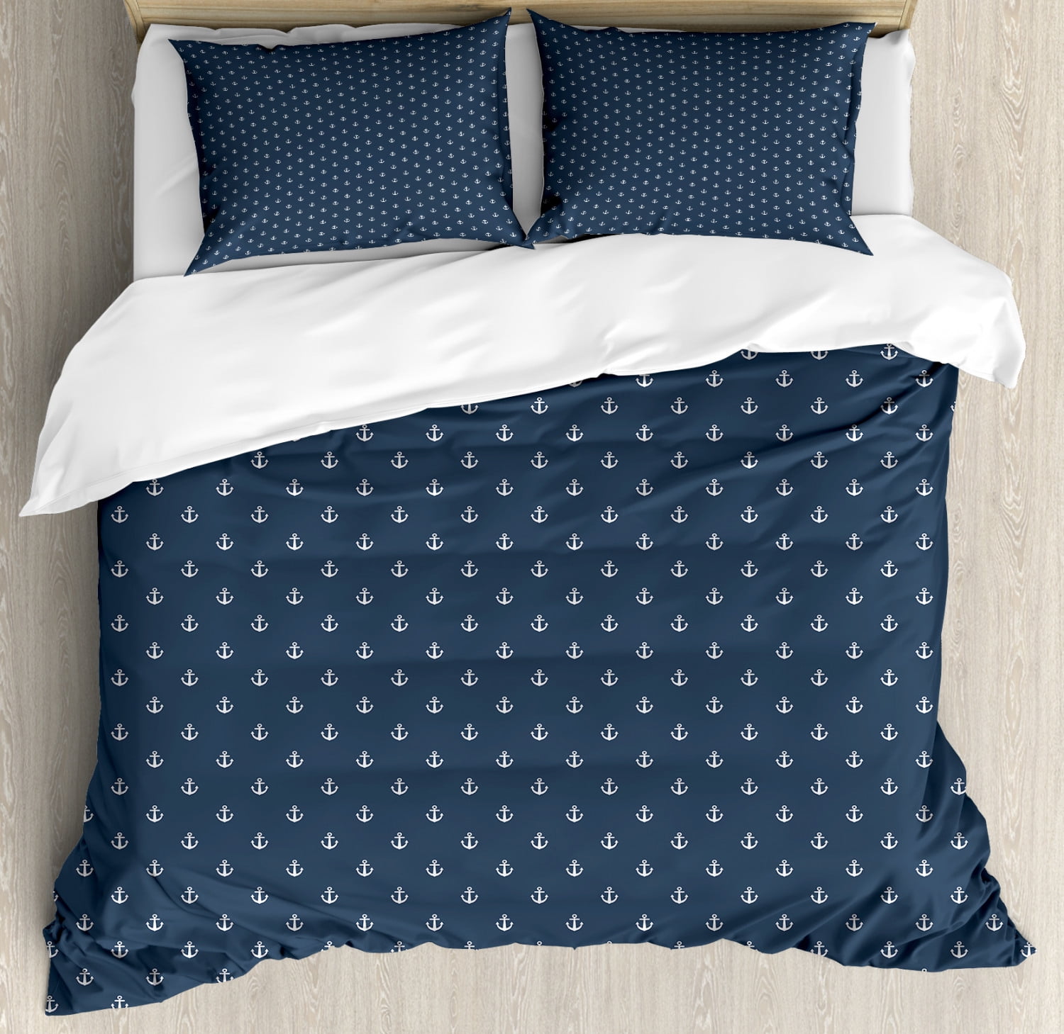 Navy Blue Nautical Anchor Pattern Queen Duvet Set