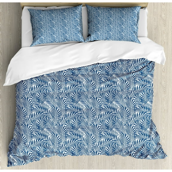 Navy Blue Duvet Cover Set Queen Size, Tropical Rainforest Inspirations Blue Palm Tree Leaves Abstract Exotic Nature, Decorative 3 Piece Bedding Set with 2 Pillow Shams, Blue White, by Ambesonne