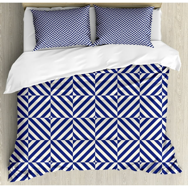 Navy Blue Duvet Cover Set, Symmetrical and Asymmetrical Geometric Pattern Design Image, Decorative 3 Piece Bedding Set with 2 Pillow Shams, King Size, Pale Blue Dark Blue, by Ambesonne