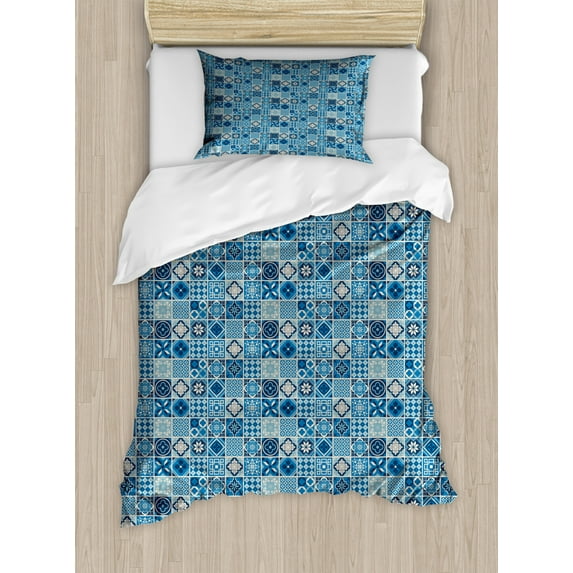 Navy Blue Duvet Cover Set Twin Size, Grid Style Squares with Ornamental Floral and Geometric Arrangement Abstract, Decorative 2 Piece Bedding Set with 1 Pillow Sham, Multicolor, by Ambesonne