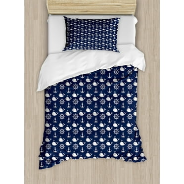 Navy Blue Duvet Cover Set Twin Size, Maritime Pattern with Whales Helms Anchors Nautical Elements Deep Sea Life, Decorative 2 Piece Bedding Set with 1 Pillow Sham, Navy Blue White, by Ambesonne