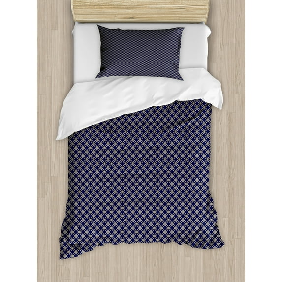 Navy Blue Duvet Cover Set Twin Size, Oriental Retro Round Entangled Ring Shapes Chain Pattern Antique Classical, Decorative 2 Piece Bedding Set with 1 Pillow Sham, Navy Blue Beige, by Ambesonne