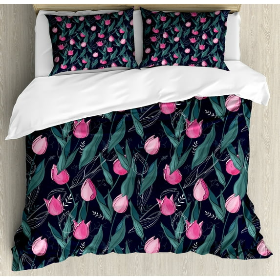 Navy Blue Duvet Cover Sets, Hand Drawn Abstract Nature Tulip Flower Branches Spring Illustration, Bedding Set with 2 Duvet Covers & 4 Pillowcases, 2 Pack King Size, Indigo Pink Dark Teal, by Ambesonne