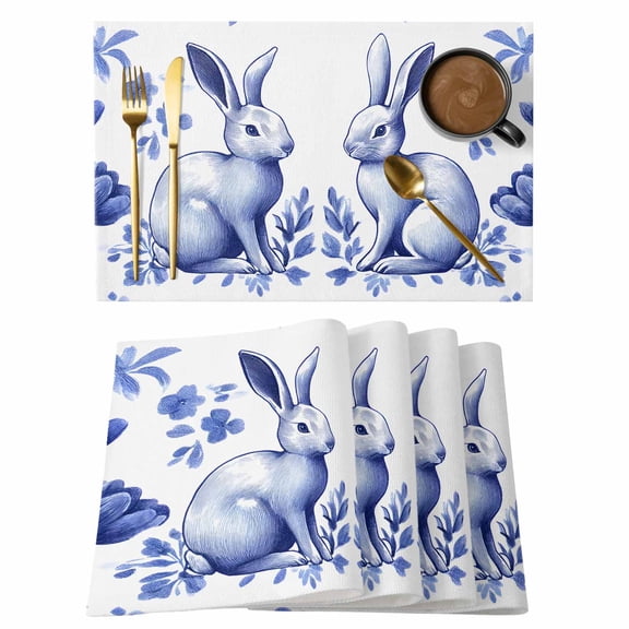 Navy Blue Easter Placemats Set of 12 Summer Spring Floral Place Mats Indoor Wipeable Table Mats Washable Cloth Dining Table Placemats for Kitchen Holiday Party Home Decor 13x19 Inch