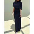 thumbnail image 1 of Navy Blue Elegant Cowl Neck Ruched Waist Maxi Dress, Minimalist Long Dress For Work Date Vacation, 1 of 8