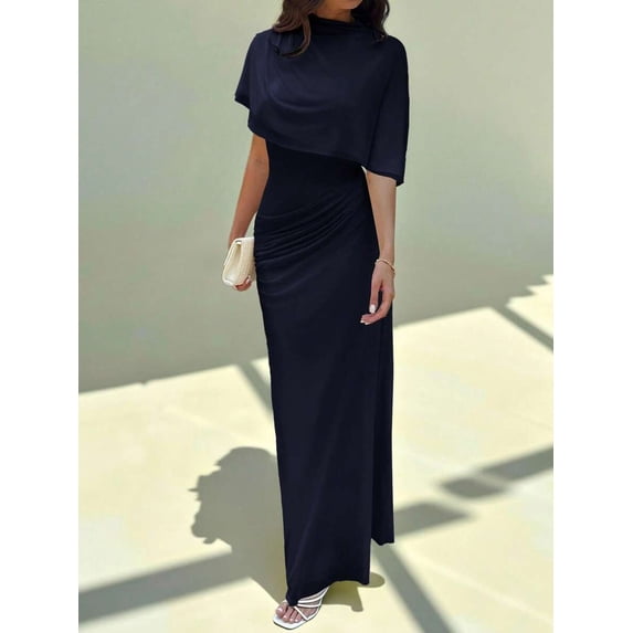 Navy Blue Elegant Cowl Neck Ruched Waist Maxi Dress, Minimalist Long Dress For Work Date Vacation