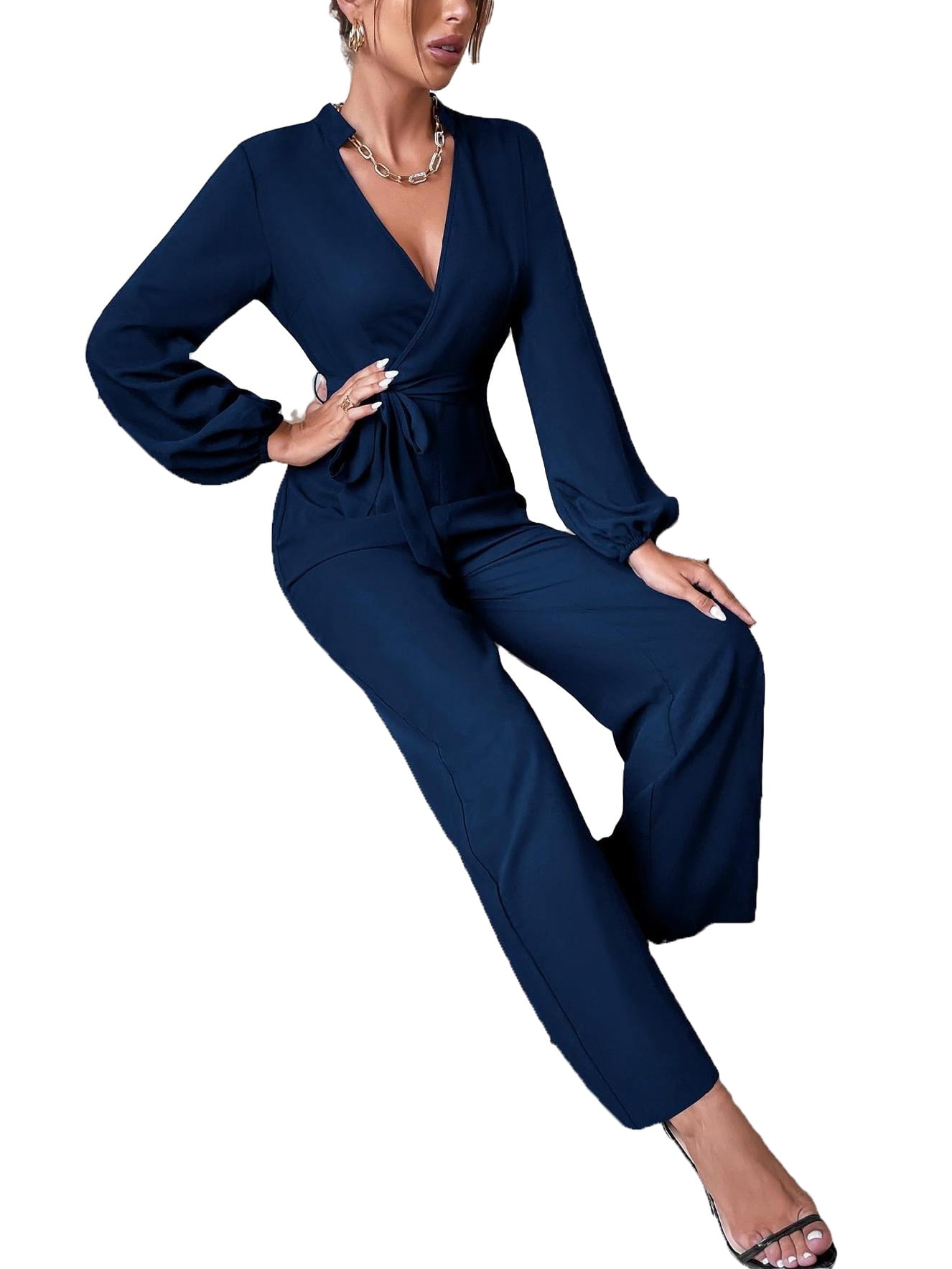 TANGNADE Women Summer V Neck Lace Up Short Sleeve Rompers Jumpsuit Playsuit  Navy Blue + S - Walmart.com