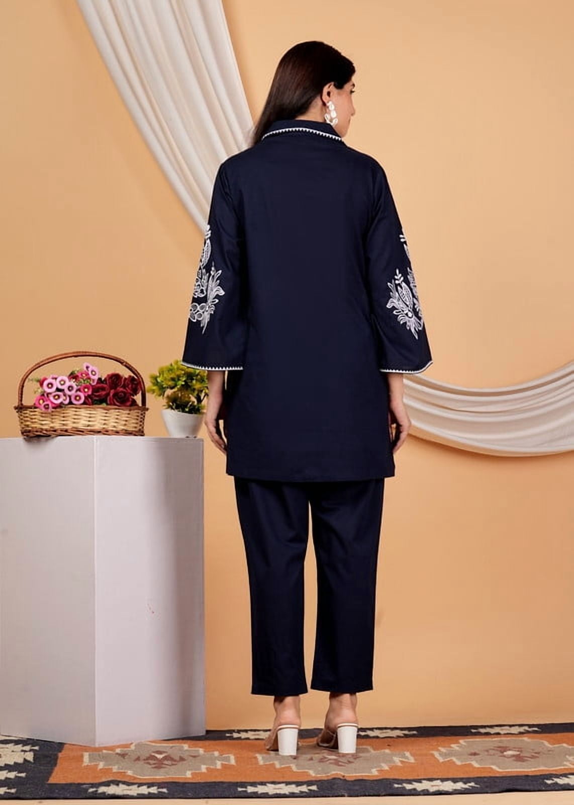 Navy Blue Embroidered Straight Kurta and Pants Co-ord Set main image 0
