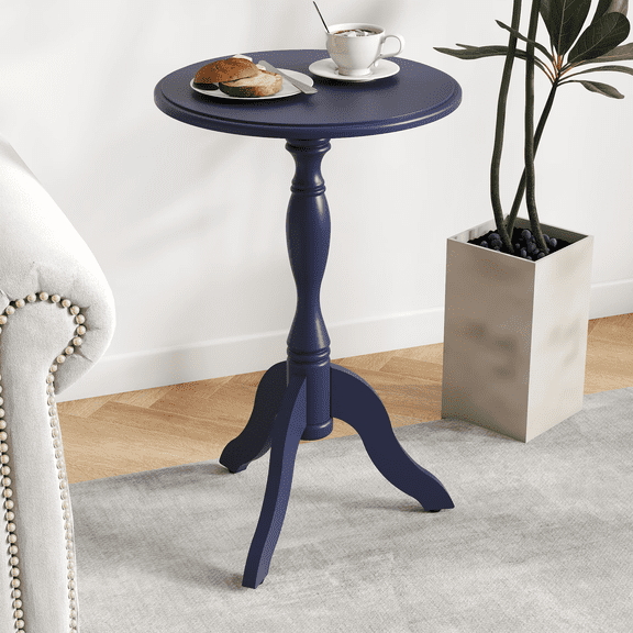 Navy Blue End Table for Living Room, Small Round Wooden Pedestal Side Table, Vintage Accent Nightstand for Bedroom, Entryway, Compact Drink Table