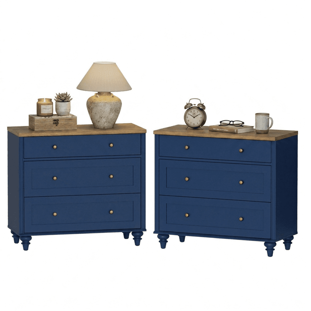 Navy Blue End Table with 3 Drawers, Large Wood Bedside Table Night Stand, Wide Sofa Side Table 3 Drawers for Living Room, Bedroom, 2 PCS
