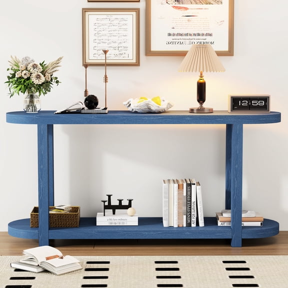 Navy Blue Entryway Table With Ash Veneer, Streamlined Design, Shelves, For Home Porch, Study Room, Entry & Living Area Veneer In Navy, Elegant Design Oval Top, Shelf, Material, Entryways, Hallways