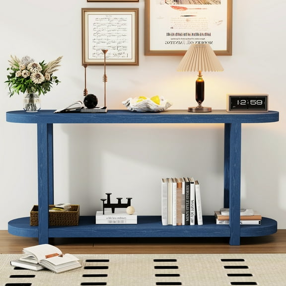 Navy Blue Entryway Table With Ash Veneer, Streamlined Desktop Design, Shelf, Construction, For Home Porch, Study Room, Entry, Hallway & Living Room Veneer Entry In Navy, Elegant Design Oval Top,