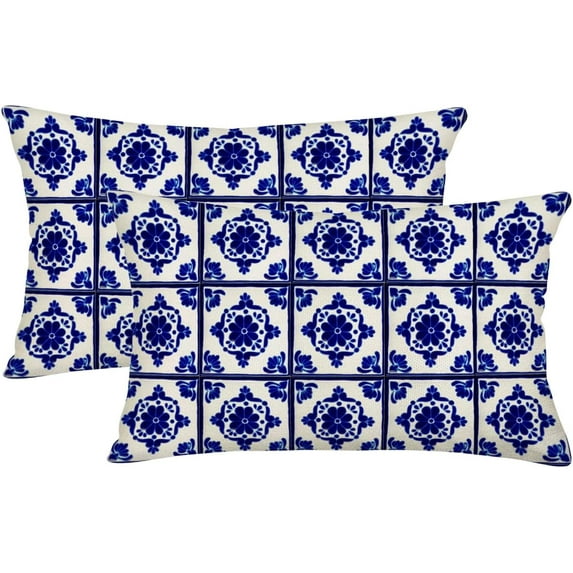 Navy Blue Ethnic Boho Pillow Covers 12x20 Inch Set of 2 Bohemian Carpet Style Vintage Navy Flower Print Decorative Throw Pillows Outdoor Linen Lumbar Pillowcase Home Decor for Sofa Bed