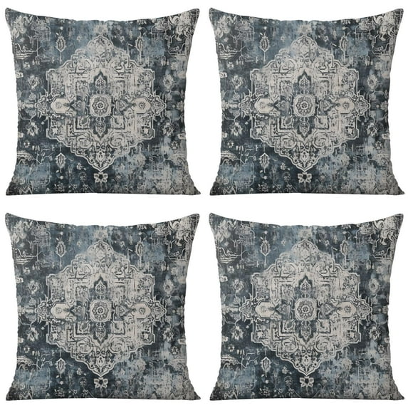 Navy Blue Ethnic Boho Throw Pillow Covers 18 X 18 Inch, Set Of 4, Linen Study Sofa Cushion Cover Indoor Living Room Home Decor