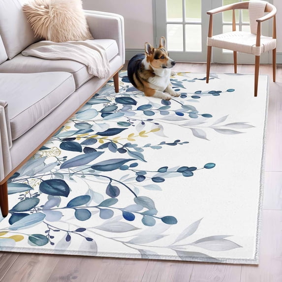 Navy Blue Eucalyptus Area Rugs 2.7'x5', Washable Small Throw Rugs for Kitchen Bedroom, Watercolor Spring Weeping Botanical Indoor Outdoor Rug Non-Slip Low Pile Carpet Runner Reversible Floor Mats