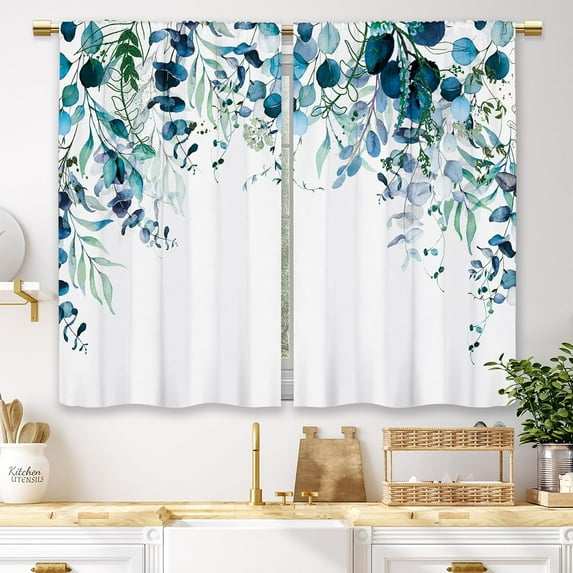 Navy Blue Eucalyptus Kitchen Curtains Botanical Leaves Flower Small Short Cafe Window Curtains Watercolor Plant Floral Bathroom Drapes Treatment Tier Curtains 2 Panels (27.5x36 Inch)