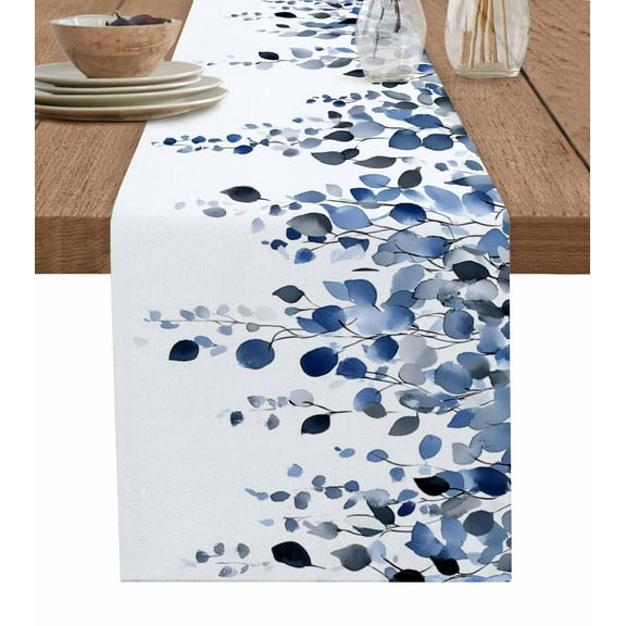 Navy Blue Eucalyptus Leaves Burlap Cotton Table Runner 13x36 Inches Short, Watercolor Summer Botanical Farmhouse Table Runners, Outdoor Dining Tablecloths Decor for Baby Shower/Party/Wedding