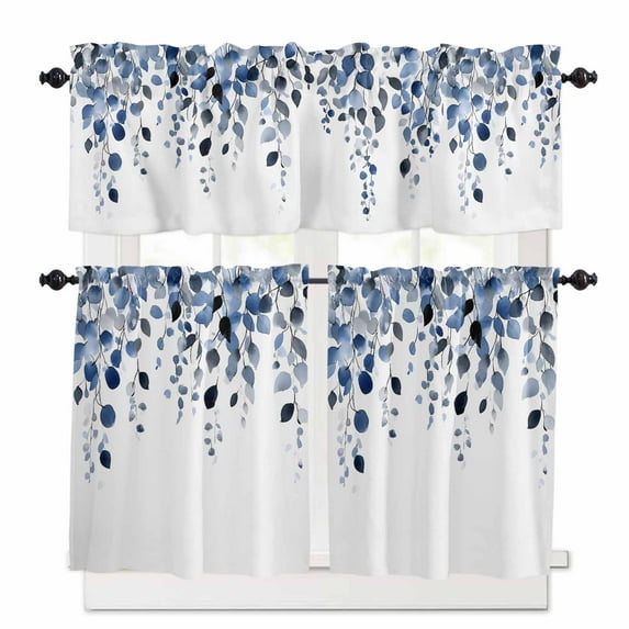 Navy Blue Eucalyptus Leaves Kitchen Curtain Set, Watercolor Summer Botanical Window Valance and Tiers 36" Length, Light Filtering Short Curtains Valance for Cafe Bathroom Bedroom 54"x18"