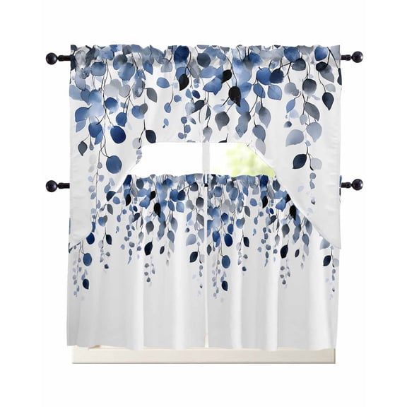 Navy Blue Eucalyptus Leaves Kitchen Curtains Sets 36 Inch Length with Valance, Watercolor Summer Botanical Swag Valances and Tiers Curtain Set Drapes Swag Curtains for Living Room, Bathroom, Bedroom