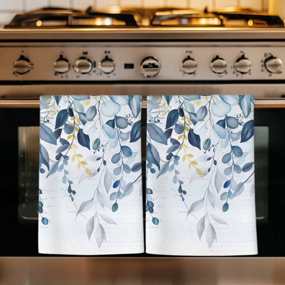 Navy Blue Eucalyptus Leaves Kitchen Towels Set of 4, Retro Country Leaf Botanical Absorbent Dish Towels for Kitchen, Microfiber Hand Towel, Quick Drying Tea Towel for Cleaning Decorative Dishcloths