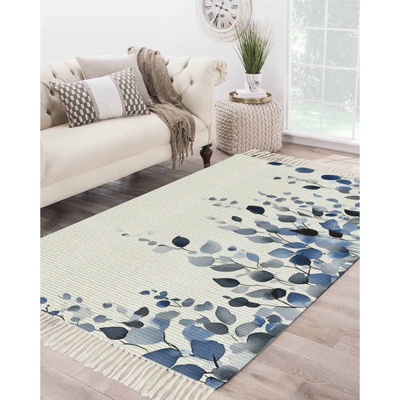 Navy Blue Eucalyptus Leaves Large Area Rug 4x6ft Woven Runner Rug,Watercolor Summer Botanical Washable Living Room Bedroom Kitchen Bathroom Classroom Carpet with Tassels,Indoor Outdoor Throw Door Mat