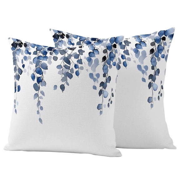 Navy Blue Eucalyptus Leaves Outdoor Waterproof Pillow Covers, Watercolor Summer Leaf Decorative Square Throw Pillowcase Sofa Cushion Sham for Patio/Couch/Chair, 18"x18" 2 Pack