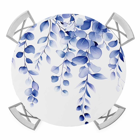 Navy Blue Eucalyptus Leaves Round Fitted Tablecloth with Elastic Edge, Waterproof Table Cloth Table Cover for 36"-44" Tables, Spring Rustic Botanical Tablecloths for Dining Picnic Indoor Outdoor