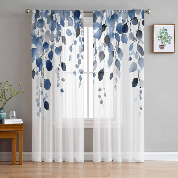 Navy Blue Eucalyptus Leaves Sheer Curtains 72 Inches Long 2 Panels Set, Window Sheer Curtains for Living Room/Bedroom, Watercolor Summer Botanical Light Filtering Rod Pocket Curtain 52'' x 72'' x 2
