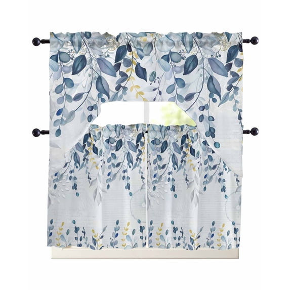 Navy Blue Eucalyptus Leaves Swag Curtains for Living Room/Bedroom Windows, Retro Country Leaf Botanical Kitchen Curtains and Valances Set 36 Inch Length, Light Filtering Swags Valance Curtain Panels