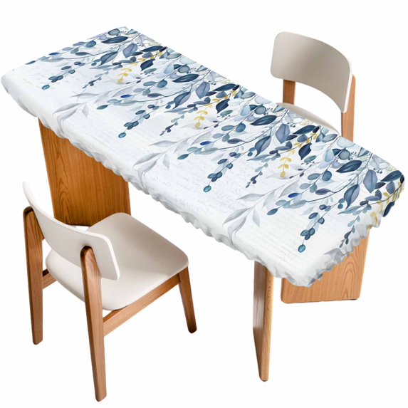Navy Blue Eucalyptus Leaves Table Cloths for 8 Foot Rectangle Tables, Retro Country Leaf Botanical Patio Waterproof Elastic Fitted Tablecloths, Washable Rectangular Table Cover for Camping