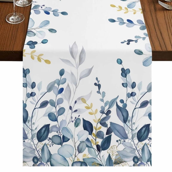 Navy Blue Eucalyptus Leaves Table Runner 36 Inches Long, Farm Plant Country Watercolor Cotton Linen Dining Table Runner Dresser Scarves for Home Kitchen Party Decor 13"x36"