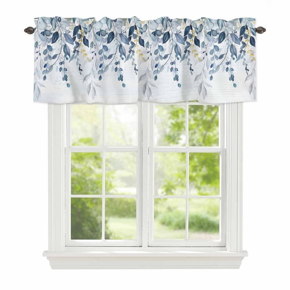 Navy Blue Eucalyptus Leaves Window Valance for Kitchen, Farm Plant Country Paper Texture Rod Pocket Short Curtain for Small Windows, Light Filtering Decorative Valance, 54 x 18 Inch, 1 Panel