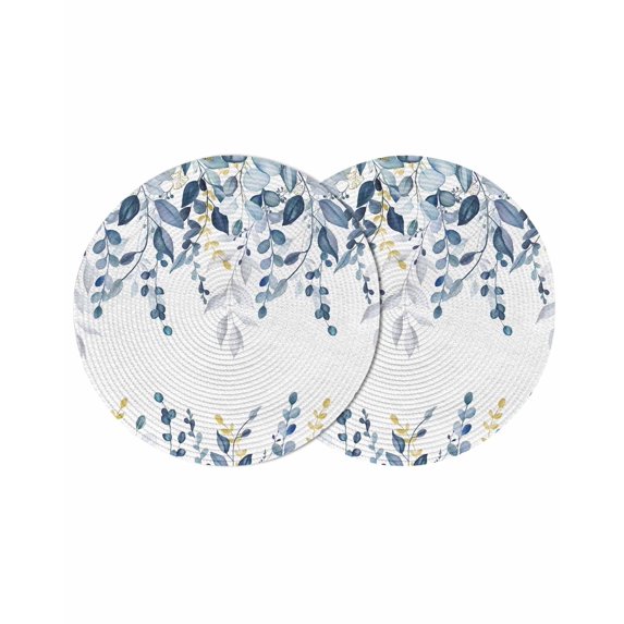 Navy Blue Eucalyptus Round 13 Inch Placemats Set of 2, Watercolor Spring Weeping Botanical HeatResistant Non Slip Place Mats for Dining Table, Wipeable Braided Kitchen Table Mats for Housewarming