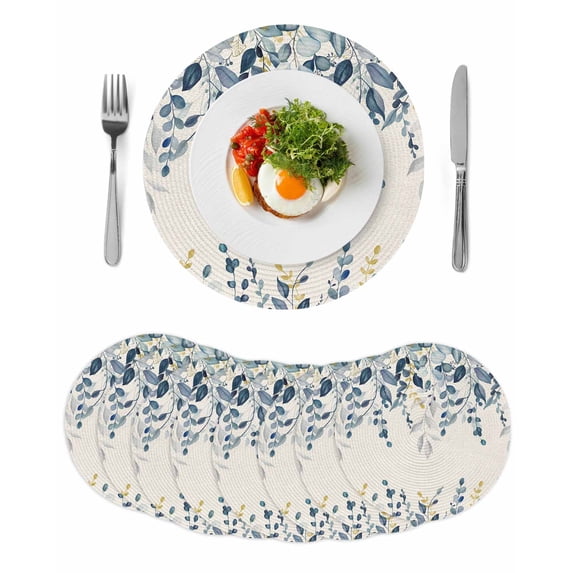 Navy Blue Eucalyptus Round 15 Inch Placemats Set of 8, Farmhouse Weeping Leaves Linen HeatResistant Non Slip Place Mats for Dining Table, Wipeable Braided Kitchen Table Mats for Housewarming